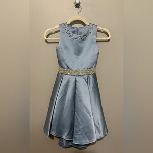 Girl’s Elegant Blue Satiny Dress Embellished Neckline & Waistband, Beautiful!